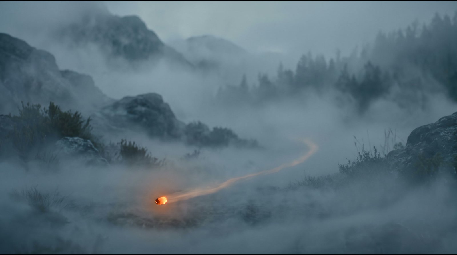 A small warm ember of light moving through clearing fog, leaving a soft trail